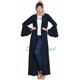 Long Cardigan Abaya with Frills and Bell Sleeves- Navy Blue